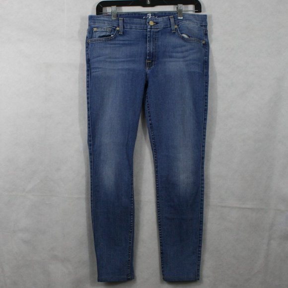 7 For All Mankind Denim - 7 for all Mankind the Skinny Blue Cotton Blend Distressed Stretch Jean SZ 31 EUC